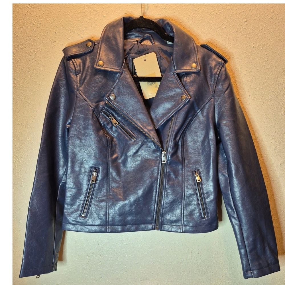 Levi Strauss & Co Womens Faux Leather Moto Jacket Blue Medium 595440331 NWT
